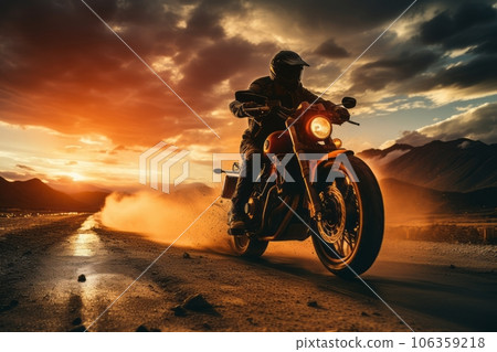 A silhouette shot of a motorcycle rider riding towards a captivating sunset, symbolizing the journey's end and new beginnings. Generative Ai 106359218