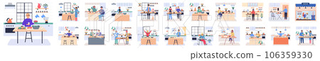 People cooking vegetarian food. Vector illustration. Vegetarian concept with healthy fresh diet a woman eating salad. Collection of people cooking in kitchen, serving table, dining together People cooking vegetarian food. Vector illustration. Vegetarian concept with healthy fresh diet a woman eating salad. Collection of people cooking in kitchen, serving table, dining together 106359330
