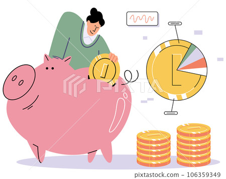 Woman puts money in piggy bank with coins and dollar bills. Concept of banking, saving money, deposit, cash back. Open bank deposit, plan finance budget, investment. Diversification of savings 106359349