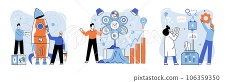 Team solving complex problems. Teamwork vector illustration metaphor. Mission of business, values, human resource in solving problem, experience solve Collective brainstorm, idea generation, team 106359350