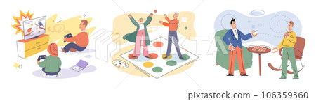 Game together. Family fun. Friendship time. Vector illustration. Board games offer break from technology and encourage face-to-face interaction Playing games with friends strengthens bond and creates 106359360