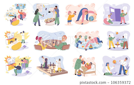 Game together. Family fun. Friendship time. Vector illustration. Family game nights cherished tradition that strengthens bond among loved ones Engaging in board game with others perfect way to connect 106359372