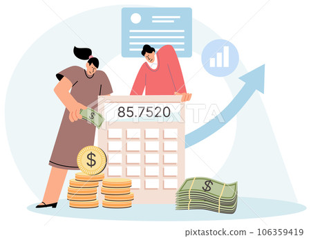 Financial accounting and calculation profit. Man and woman analyze income and expenses of family. Saving money, paying bills and taxation. Business people analyzing data, working on money report 106359419