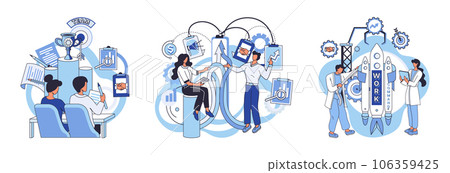 Team solving complex problems. Teamwork vector illustration metaphor. Creative business solutions related Innovation team management Team solves problems and generates ideas People analyzing business 106359425
