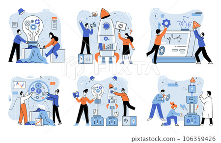 Team solving problems. Teamwork problem solving solution partnership Agile project management, planning and deadline, software development, scrum workflow, problem solving FAQ question and answer, 106359426