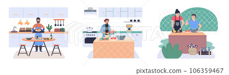 People cooking vegetarian food. Vector illustration. Man and woman with children preparing food for dinner. People cooking. Husband and wife are preparing together. Man and woman in the kitchen People cooking vegetarian food. Vector illustration. Man and woman with children preparing food for dinner. People cooking. Husband and wife are preparing together. Man and woman in the kitchen 106359467
