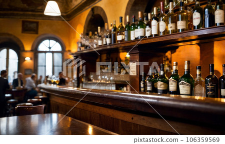 Scenery inside the bar where bottles are lined up Many variations: AI-generated image 106359569