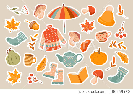 Autumn set of cozy stickers. Sweater, socks, pumpkins, mountain ash, mushrooms, umbrella, autumn leaves, tea, rubber boots. Design elements. Vector 106359570