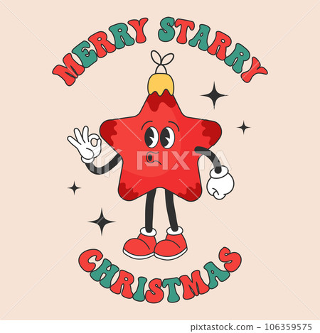 Retro Groovy hippie character of cheerful red star with calligraphy lettering. Christmas Holiday card in trendy cartoon style. Vector 106359575