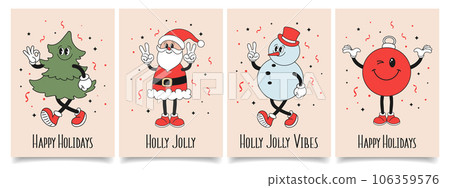 Set of Christmas cards with retro Groovy hippie characters. Snowman, Santa Claus, Christmas tree, Christmas decoration ball. Holiday illustrations in cartoon style. Vector 106359576