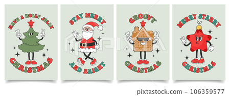 Set of Christmas cards with retro Groovy hippie characters. Santa Claus, Christmas tree, gingerbread, Christmas star. Holiday illustrations in cartoon style. Vector 106359577