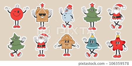 Set of Christmas stickers, Groovy retro characters. Snowman, Santa Claus, Christmas tree, gingerbread, bell, star, Christmas ball. Christmas holiday icons in cartoon style. Vector Set of Christmas stickers, Groovy retro characters. Snowman, Santa Claus, Christmas tree, gingerbread, bell, star, Christmas ball. Christmas holiday icons in cartoon style. Vector 106359578