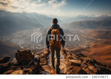 A hiker reaching the peak of a challenging trail, symbolizing the determination and perseverance needed to conquer fitness goals. Generative AI 106359671