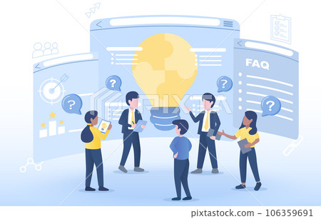 Business ideas and FAQ concept. Business people meeting, discussion, brainstorming, planning, strategy plan, evaluation, problem solving, asking question and answer. Flat vector design illustration. 106359691