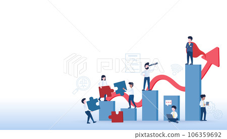 Business ideas and growth concept. Arrow pointing up to target. Business people working together, management, improvement, development and opportunity to achieve success. Flat vector illustration. 106359692