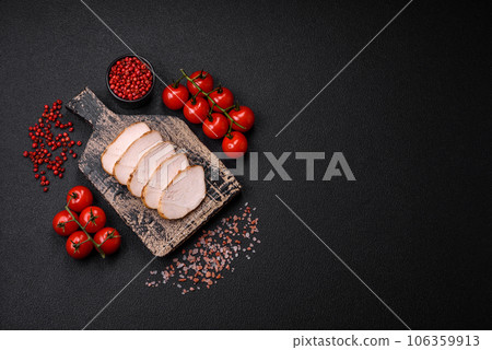 Delicious juicy grilled chicken fillet with salt, spices and herbs Delicious juicy grilled chicken fillet with salt, spices and herbs 106359913