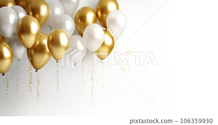 Golden and white balloons on white background. 106359930