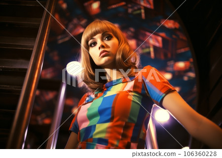 Young woman in mini skirt dress in psychedelic Swinging London style. In 1967 in a fashion psychedelic disco. Generative AI 106360228