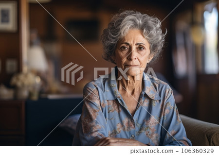 Older woman sitting in her living room, thinking about problems, remembering moments of life, pensive and depressed. Generative AI 106360329