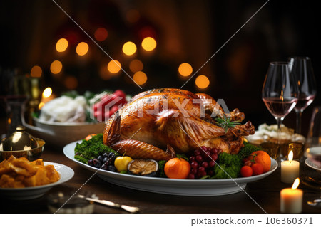 Dinner with roasted turkey for Thanksgiving... - Stock Illustration ...