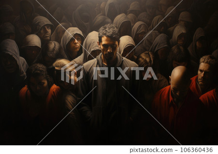 Man in crowd of other gloomy people. Generative AI 106360436
