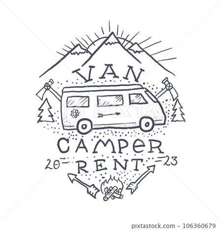 Car Rental Vampervan Vintage Logo Label hand Drawn. Vector Car Rental Vampervan Vintage Logo Label hand Drawn. Vector 106360679