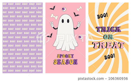 Vector set of vertical halloween posters. Retro halloween backgrounds in trendy groovy 70s style.Spooky season.Vector Vector set of vertical halloween posters. Retro halloween backgrounds in trendy groovy 70s style.Spooky season.Vector 106360936