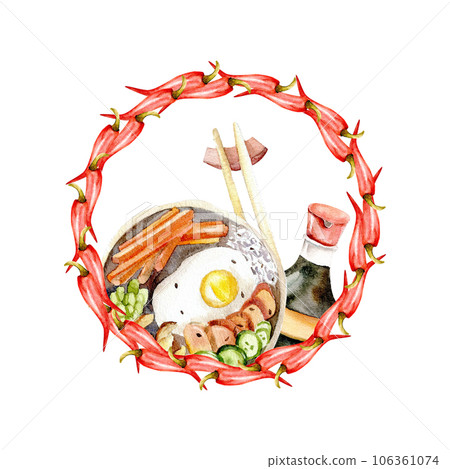 Watercolor frame with red hot chili peppers and traditional bowl of rice, chopsticks and soya sause in middle for restaurant, menu design. Asian menu Watercolor frame with red hot chili peppers and traditional bowl of rice, chopsticks and soya sause in middle for restaurant, menu design. Asian menu 106361074