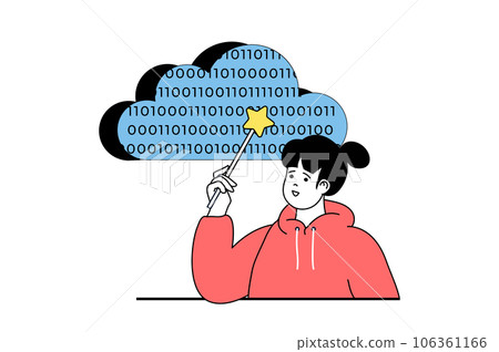 Cloud computing concept with people scene in flat web design. Woman processing files online and uploading data to cloud storage. Vector illustration for social media banner, marketing material. 106361166
