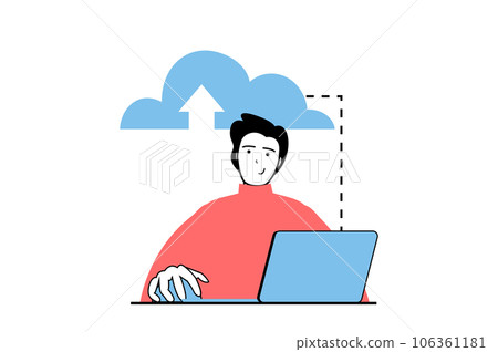 Cloud computing concept with people scene in flat web design. Man uploading data at cloud storage, processing data and using database. Vector illustration for social media banner, marketing material. 106361181