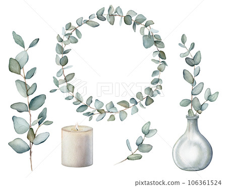 Set of White candles for Eucalyptus, bouquet in a vase. Watercolor hand painting illustration on isolate white background. Clipart. Aromatherapy and relax in spa and home decor. 106361524
