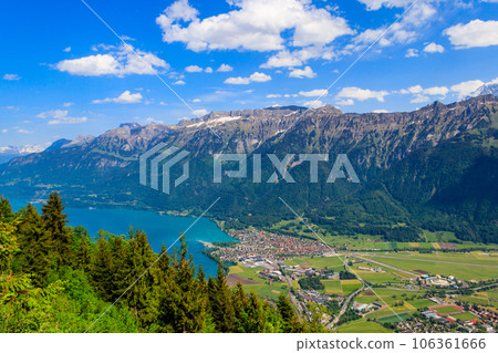 Breathtaking aerial view of Interlaken, Lake Brienz and Swiss Alps from Harder Kulm viewpoint, Switzerland 106361666