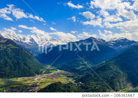 Breathtaking aerial view of Interlaken and Swiss Alps from Harder Kulm viewpoint, Switzerland Breathtaking aerial view of Interlaken and Swiss Alps from Harder Kulm viewpoint, Switzerland 106361667