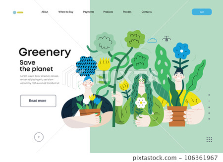 Greenery, ecology -modern flat vector concept illustration of people surrounded by plants and flowers. Metaphor of environmental sustainability and protection, closeness to nature 106361967
