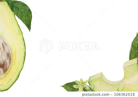 Frame of avocado watercolor hand drawn realistic illustrations. Green and fresh arts of salad, sauce, guacamole, smoothie ingredient. For textile, menu, cards, paper, package design 106362018