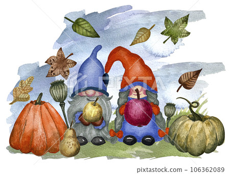 Gnomes family with autumn vegetables harvest. Thankgiving iilustration with gnomes, pumpkin, maple leaves, fruits, vegetables, flowers. Watercolor painting on white background. 106362089