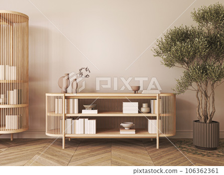 Japanese boho beige interior with shelfs and ethnic commode background. Light modern australian livingroom. Mockup empty brown wall. 3d rendering. High quality 3d illustration 106362361