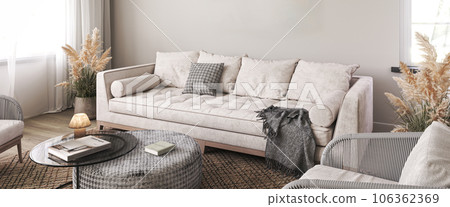 Scandinavian style livingroom interior design. Horizontal banner panoramic background. Beige sofa, wooden floor and pampas grass. 3d rendering. High quality 3d illustration 106362369
