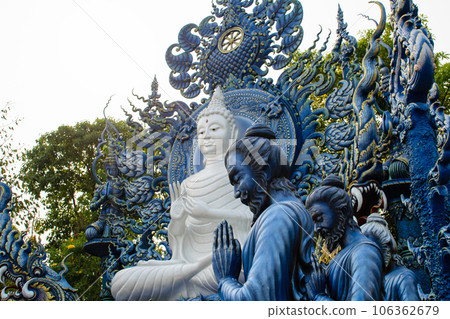 White Buddha at Blue Temple (Wat Rong Suea Ten) Beautiful temple in Chiang Rai province White Buddha at Blue Temple (Wat Rong Suea Ten) Beautiful temple in Chiang Rai province 106362679