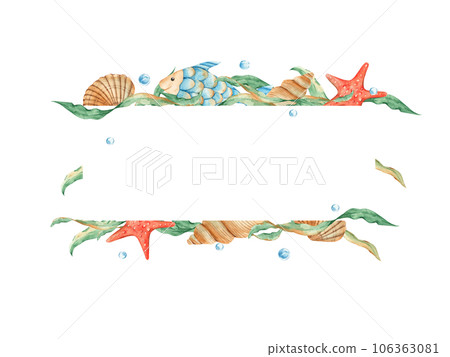 Sea horizontal frame, cute fish, seashells, seaweeds, red sea star and blue water bubbles. Marine design. Watercolor hand drawn illustration isolated on white background. For cards, logos, baby shower 106363081