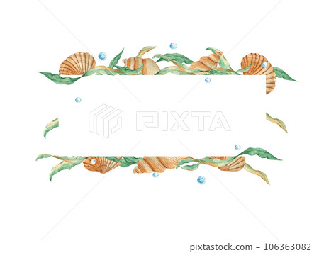 Sea horizontal frame, seashells, seaweeds and blue water bubbles. Marine design. Watercolor hand drawn illustration isolated on white background. For cards, logos, baby shower, banners, blog templates Sea horizontal frame, seashells, seaweeds and blue water bubbles. Marine design. Watercolor hand drawn illustration isolated on white background. For cards, logos, baby shower, banners, blog templates 106363082