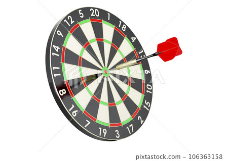 Dartboard with dart in bullseye, 3D rendering Dartboard with dart in bullseye, 3D rendering 106363158