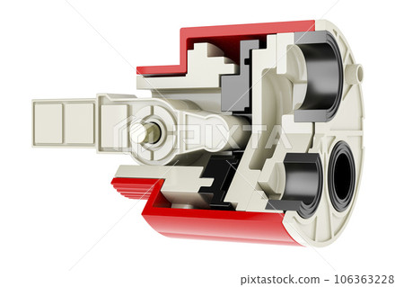 Cross-section of Replacement Faucet Cartridge. 3D rendering Cross-section of Replacement Faucet Cartridge. 3D rendering 106363228
