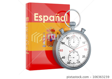 Spanish language textbook with stopwatch. Accelerated courses of Spanish language, 3D rendering 106363239