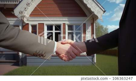 Close up of handshake of two men in suits against the background of a country house 106363247
