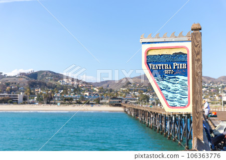 VENICE, UNITED STATES - MAY 21, 2015: Ventura Historic Pier wooden sign in Los Angeles, USA VENICE, UNITED STATES - MAY 21, 2015: Ventura Historic Pier wooden sign in Los Angeles, USA 106363776