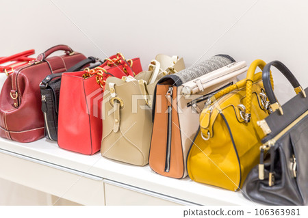 Collection of handbags standing in a row Collection of handbags standing in a row 106363981