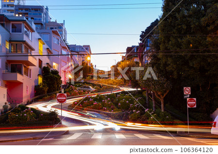 Twilight view of the famous Lombard Street Twilight view of the famous Lombard Street 106364120