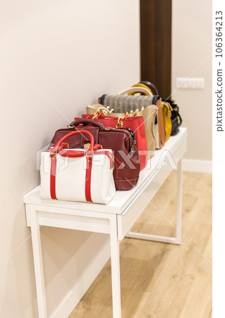 Collection of fashinable bags standing on a shelf in a row 106364213