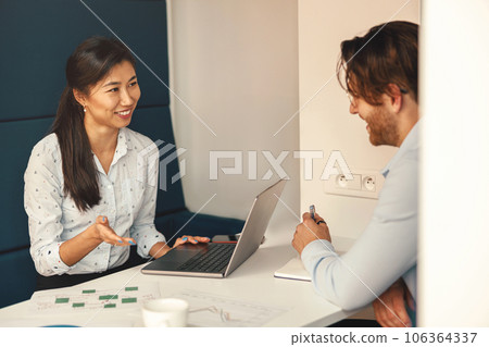 Smiling financial analyst consult client to increase business profitability sitting in coworking 106364337